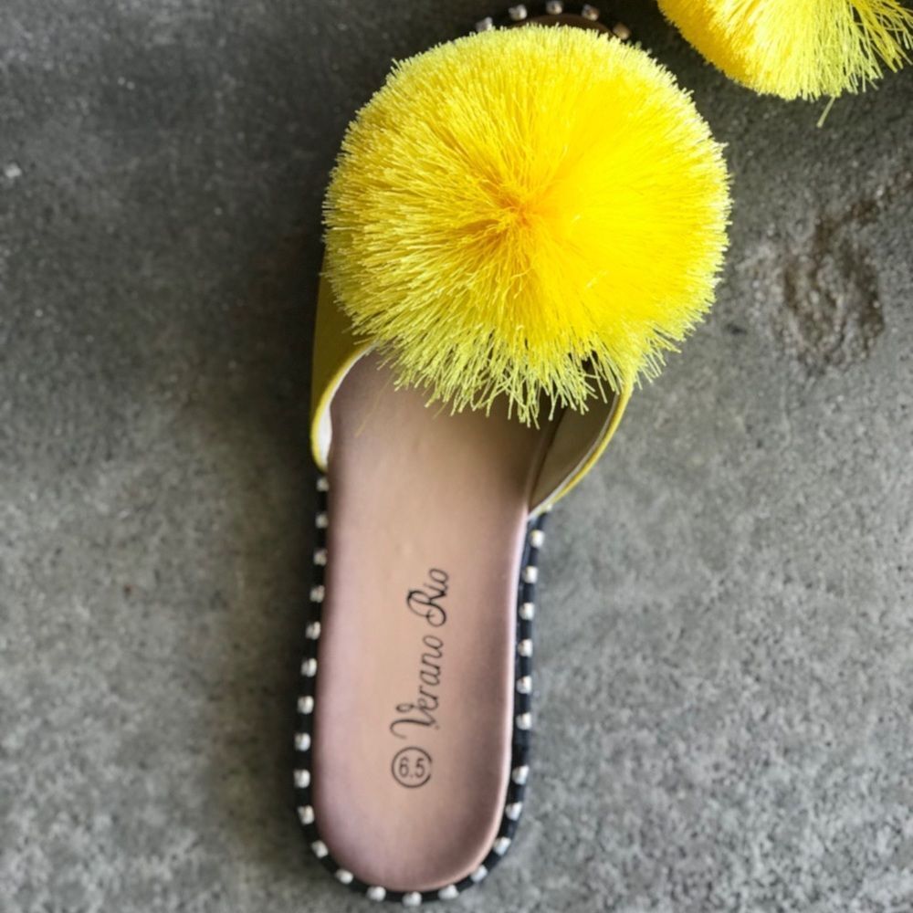 RESTOCK! Fun Yellow Pom Stud Slide On Padded Mule Sandals